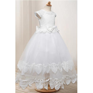 Kids Girls Elegent Lace Pattern Restful Round Neck Big Bow Ball Gown Fancy Dress - C12333TCKGD