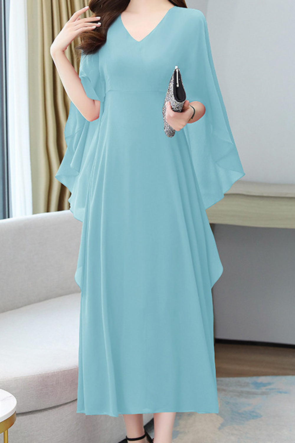 Women Solid Color V-Neck Mid Length Thin Fashionable Loose Dress - WDC60019