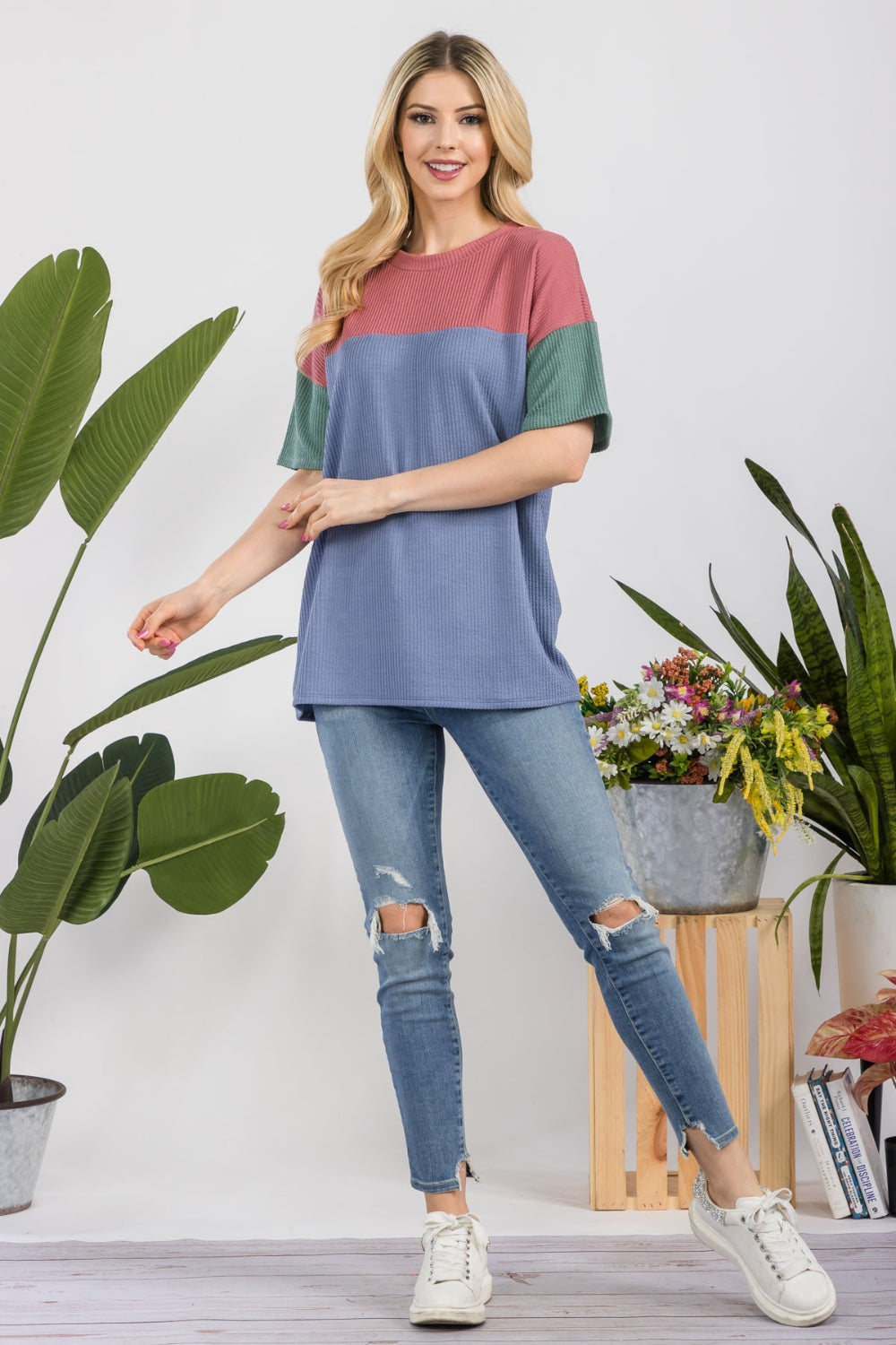 Women's Celeste Full Size Ribbed Color Block T-Shirt