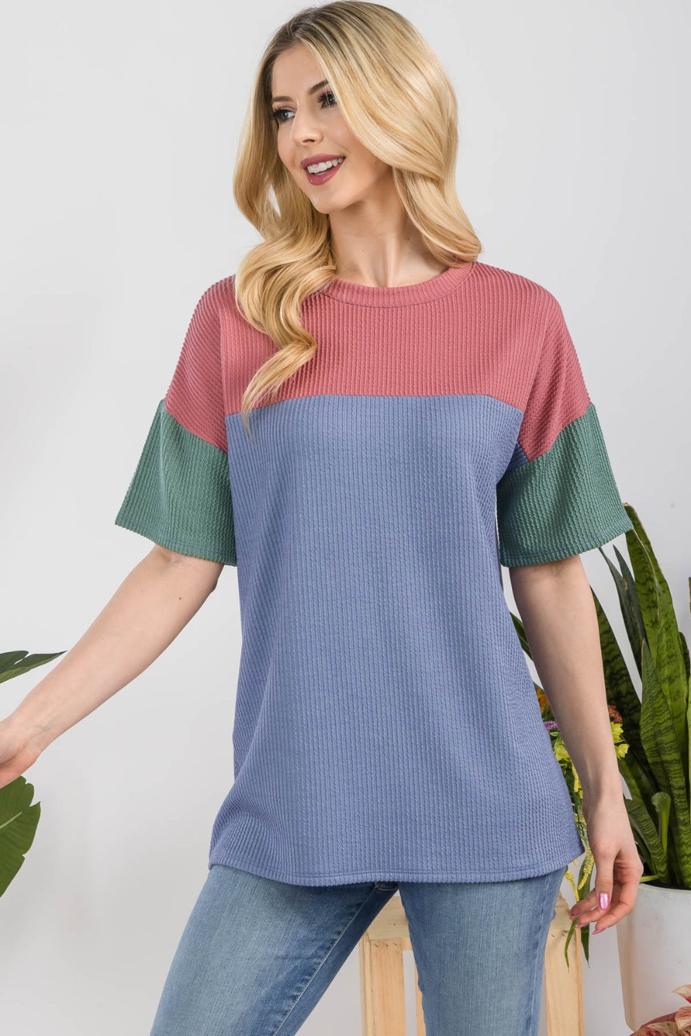 Women's Celeste Full Size Ribbed Color Block T-Shirt