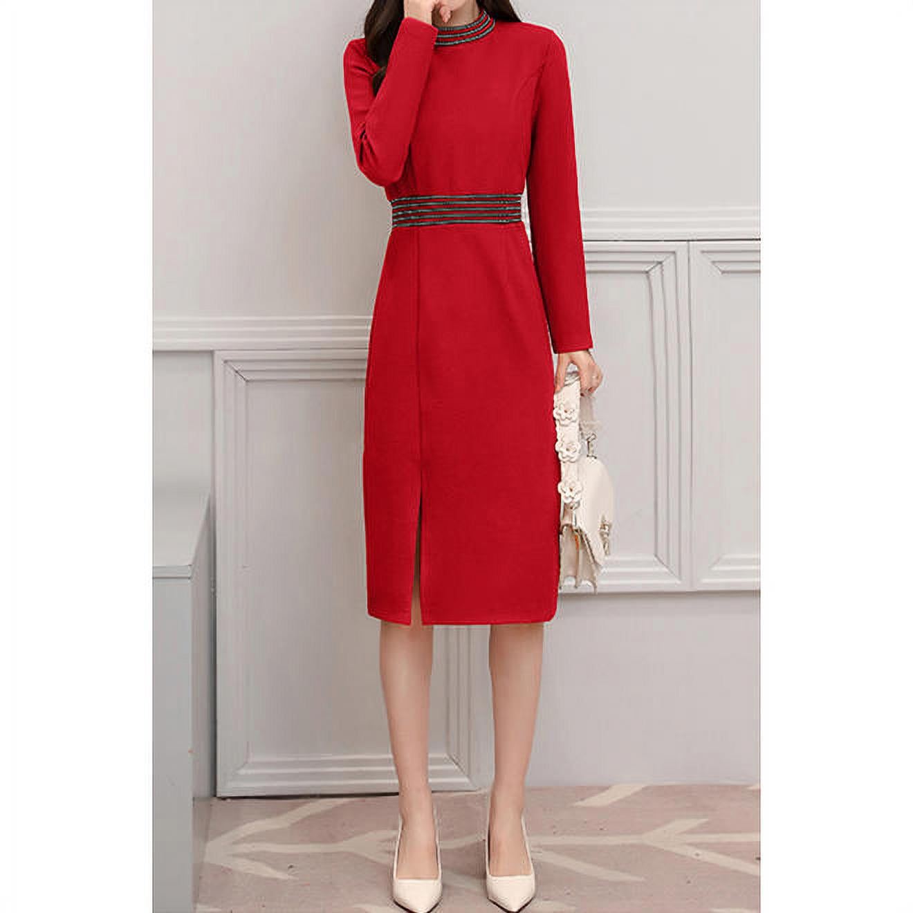 Women Long Sleeve Solid Color Slim Dress - C2522ZBD