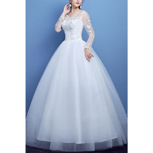 Women Ball Gown Long Length Skirt Solid Colored Flower Decorated Wedding Dress - C2800UD