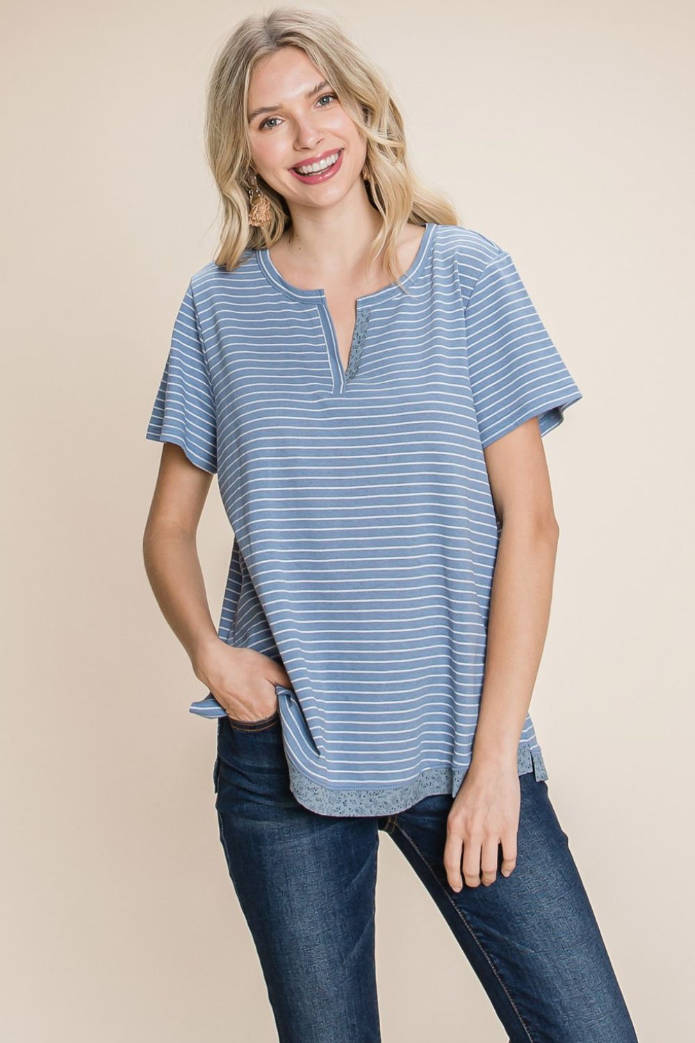 Women's Cotton Bleu by Nu Lab Slit Striped Notched Short Sleeve T-Shirt