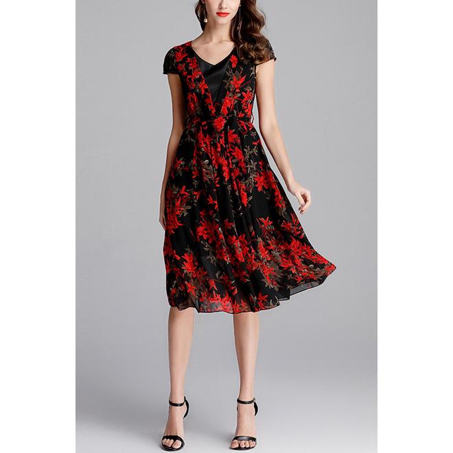 Ketty More Women V-Neck Slim Printed Lace Dress-KMWDC5924