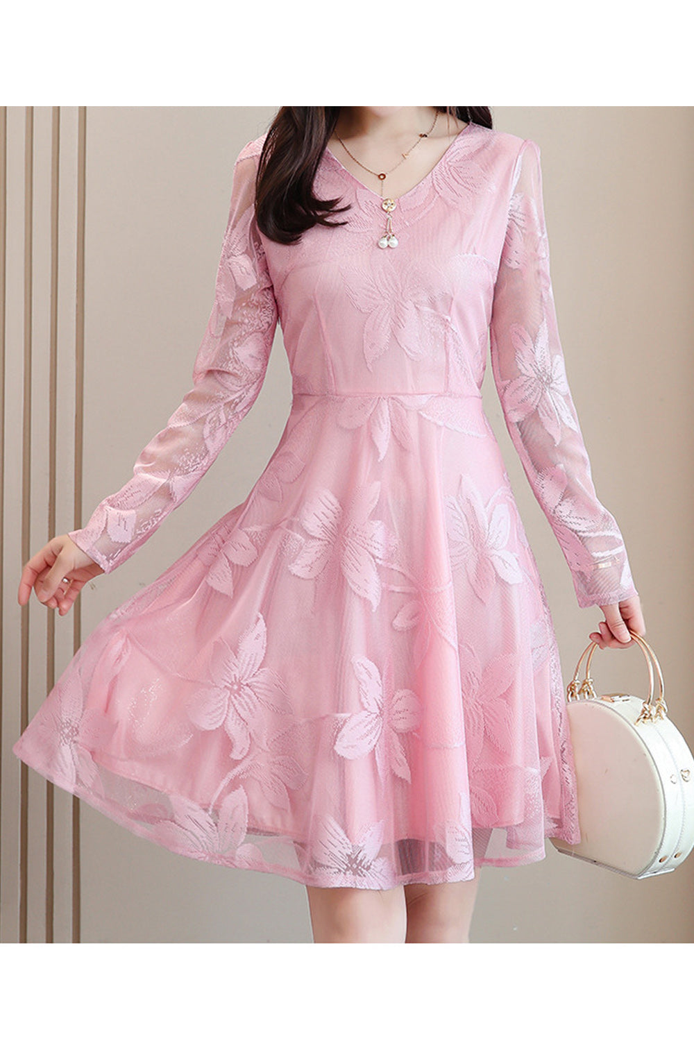 Women Thin Long Sleeve A-Line Short Skirt Lace Pattern Tremendous Dress - WDC14992