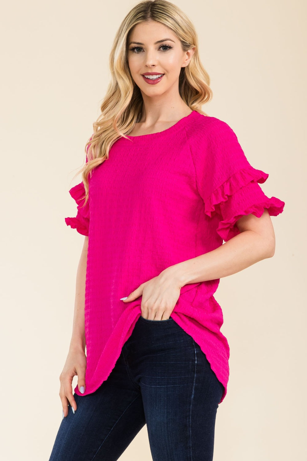 Women's Celeste Full Size Ruffle Short Sleeve Texture Top