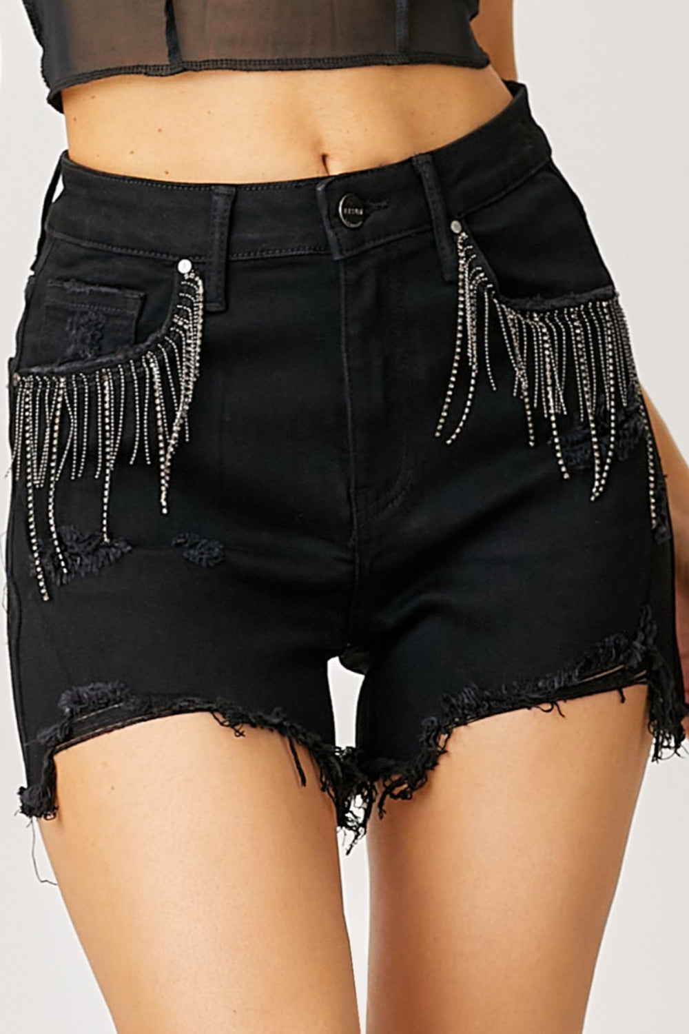 Women's RISEN Frayed Hem Denim Shorts with Fringe Detail Pockets