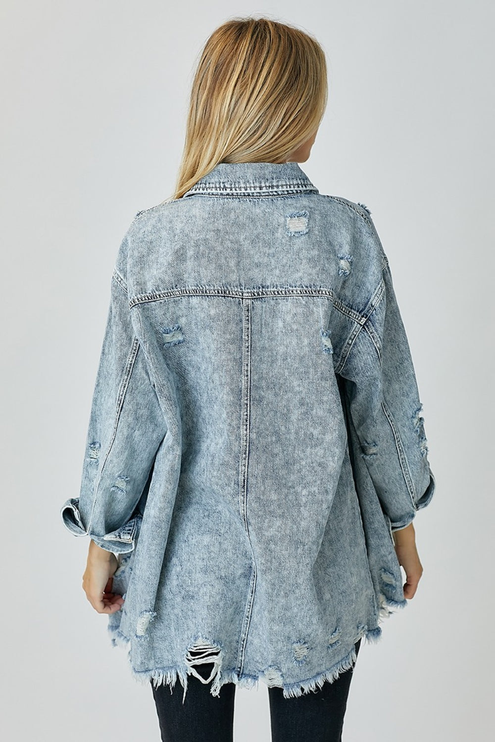 Women's RISEN Distressed Raw Hem Denim Shirt