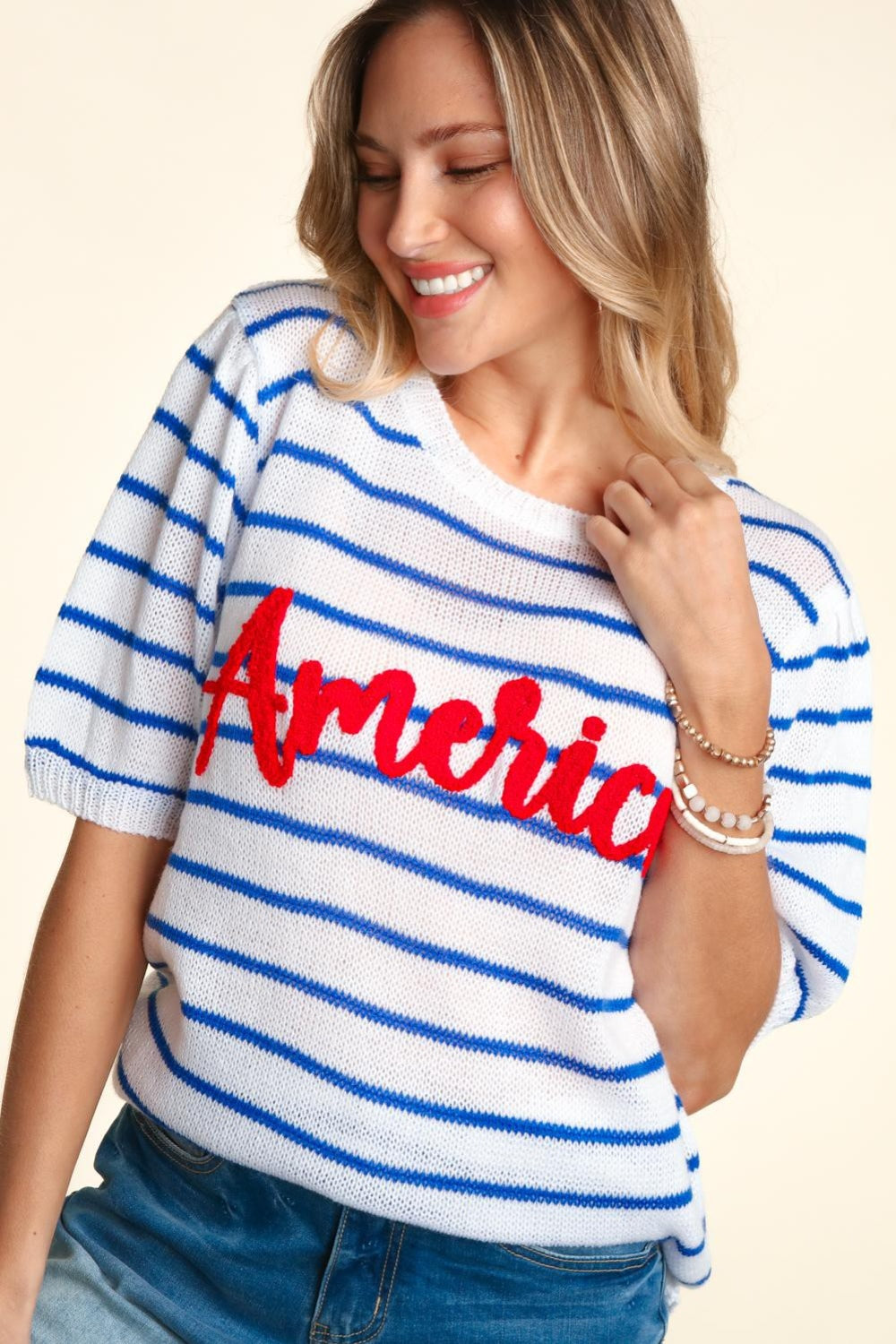 Women's Haptics Letter Embroidery Striped Knit Top