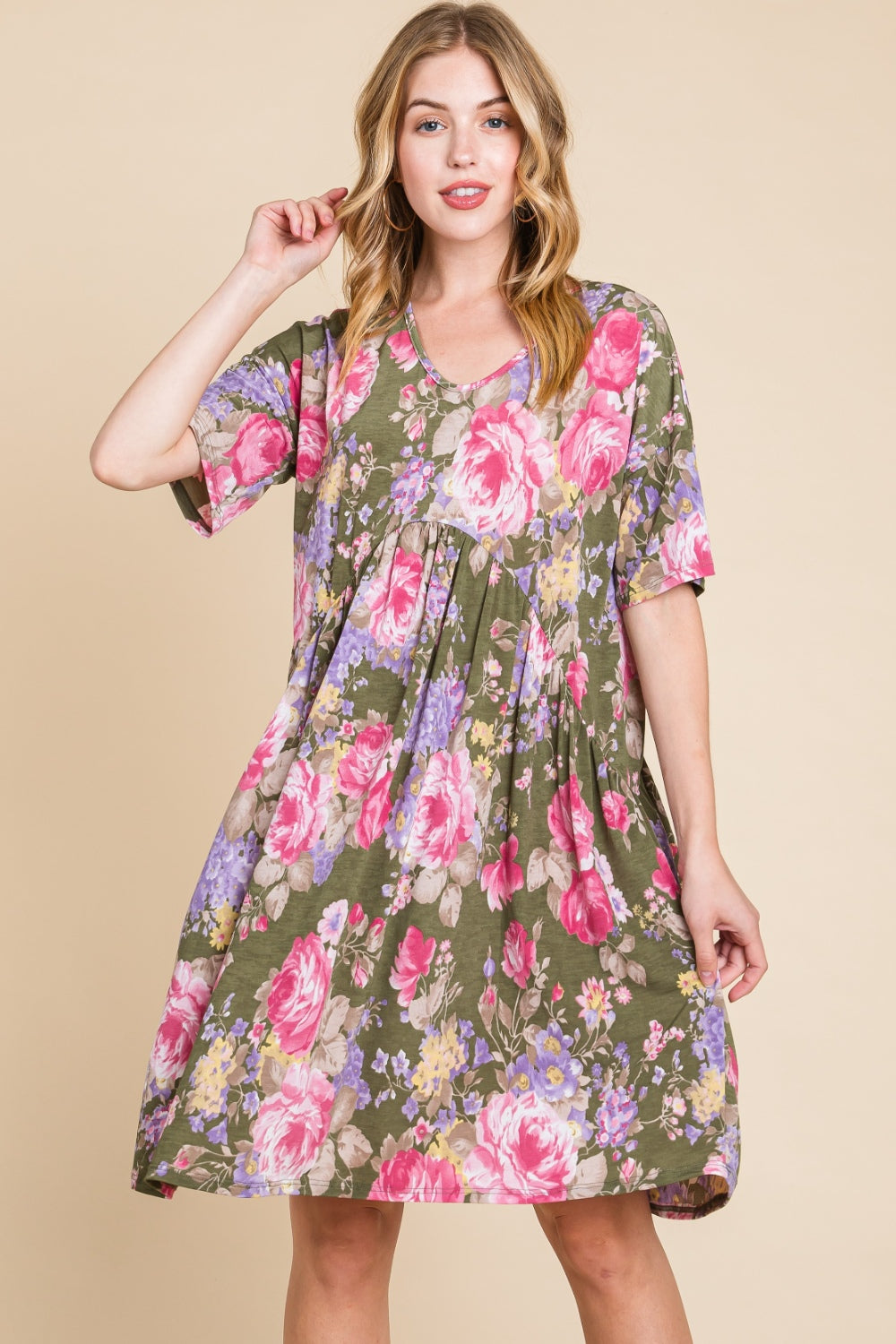 Women's BOMBOM Flower Print V-Neck Ruched Dress