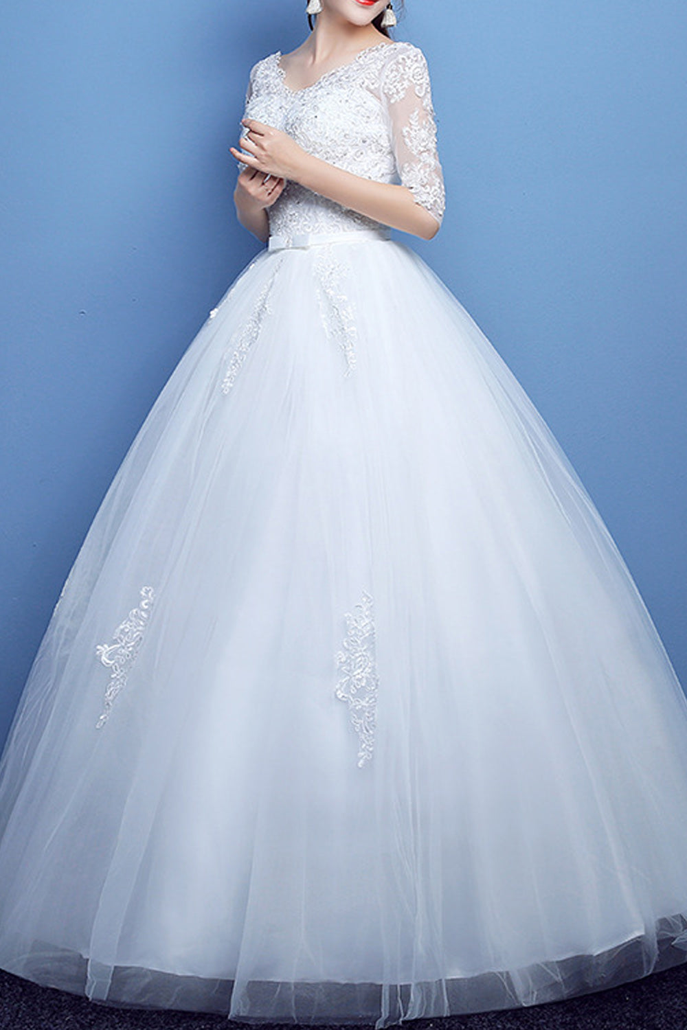 Women V-Neck 3/4 Sleeve Ball Gown Lace Dress - C971KMD