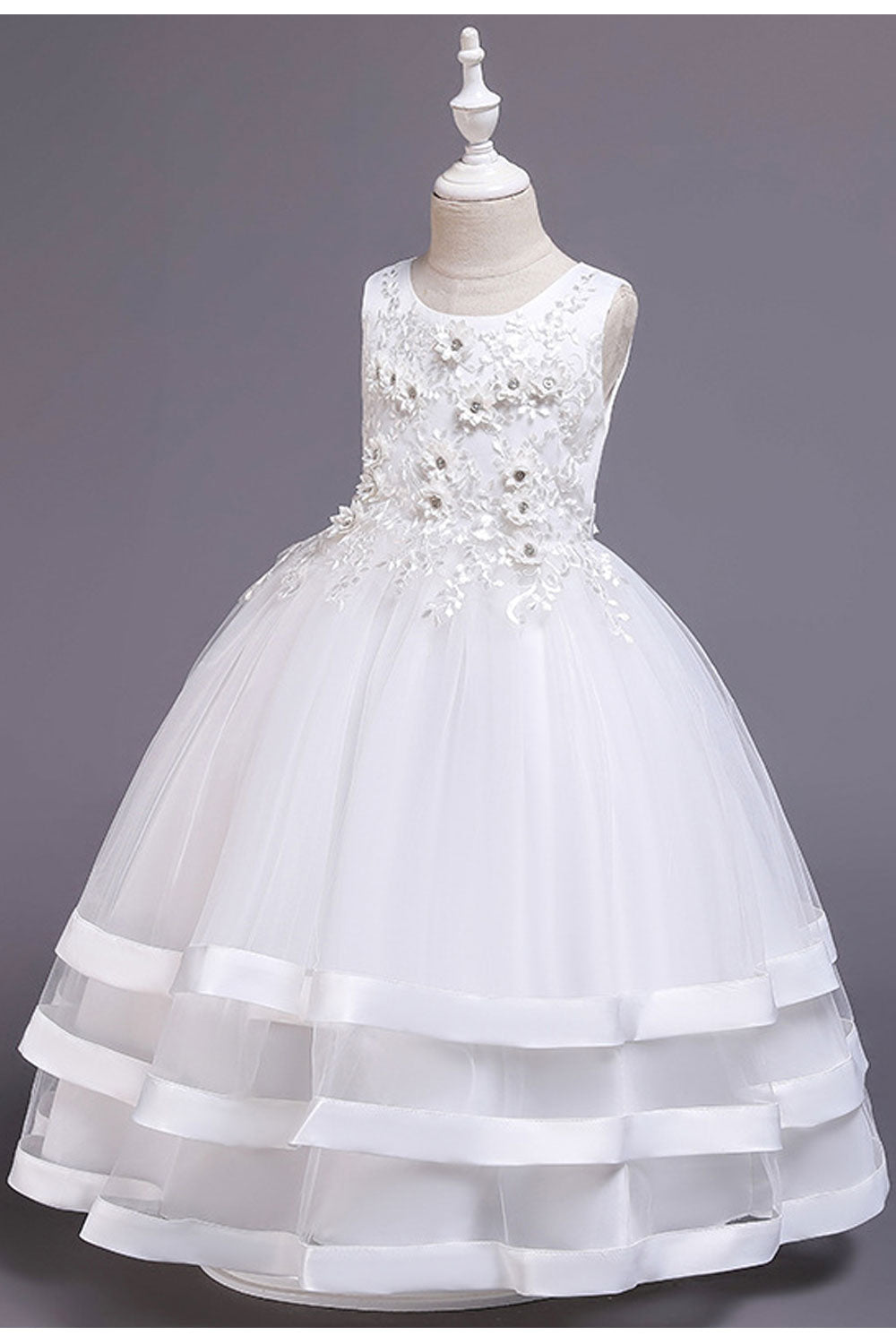 Kids Girls Marvelous Floral Lace & Beads Decorated Round Neck Sleeveless Fabulous Princess Dress - KGD116465