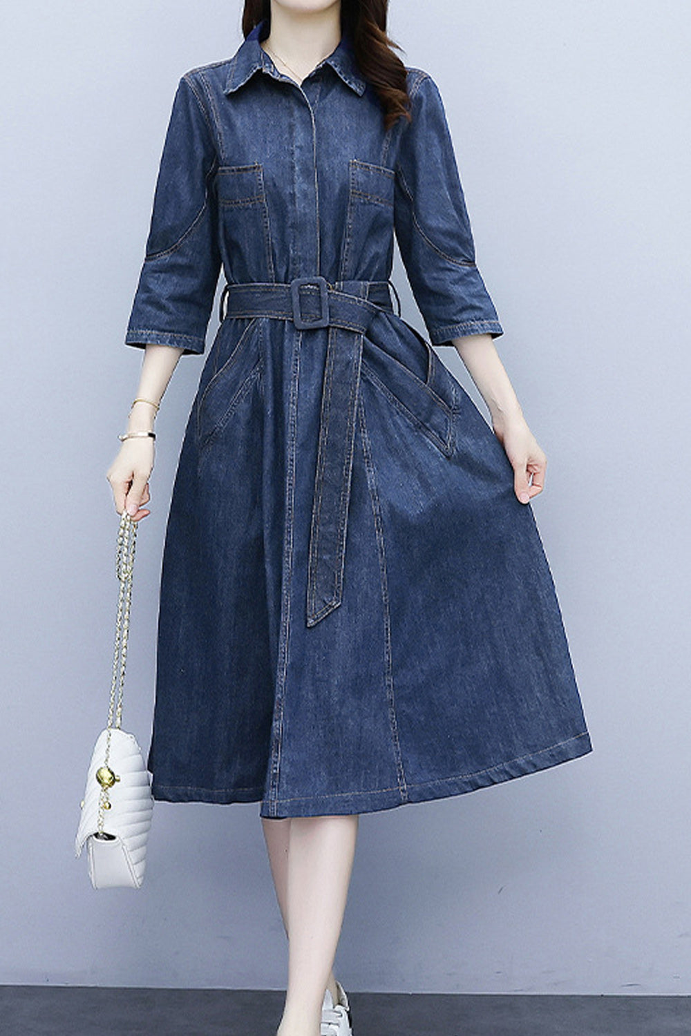 Women Stylish Collar Short Sleeve Awesome Solid Colored Mid-Length Autumn Casual Denim Dress - C2524UD