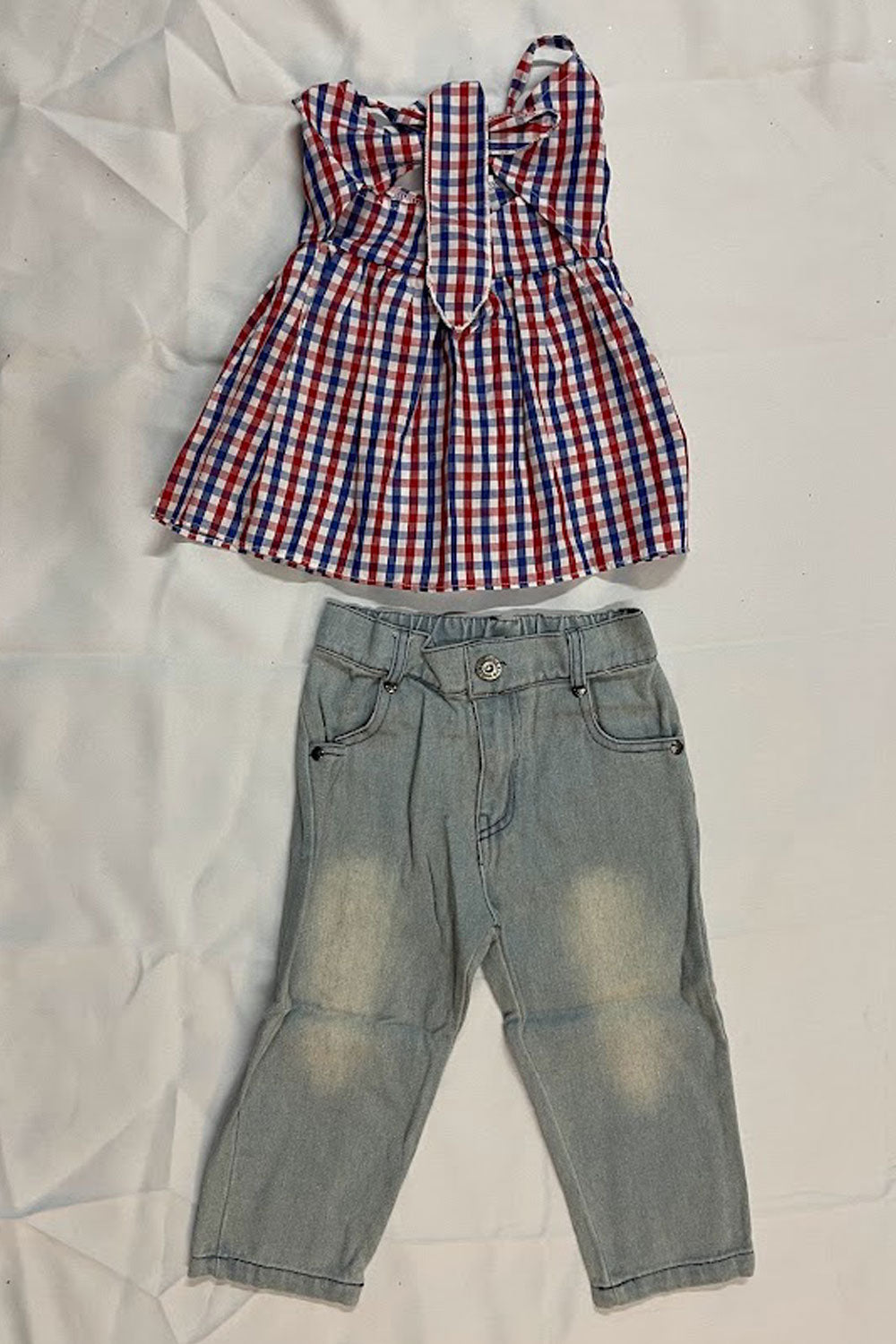 Kids Girls Beautifully Designed Top Plaid Pattern Strap Shoulder Comfortable Jeans Awesome Outfit Set - KG116659