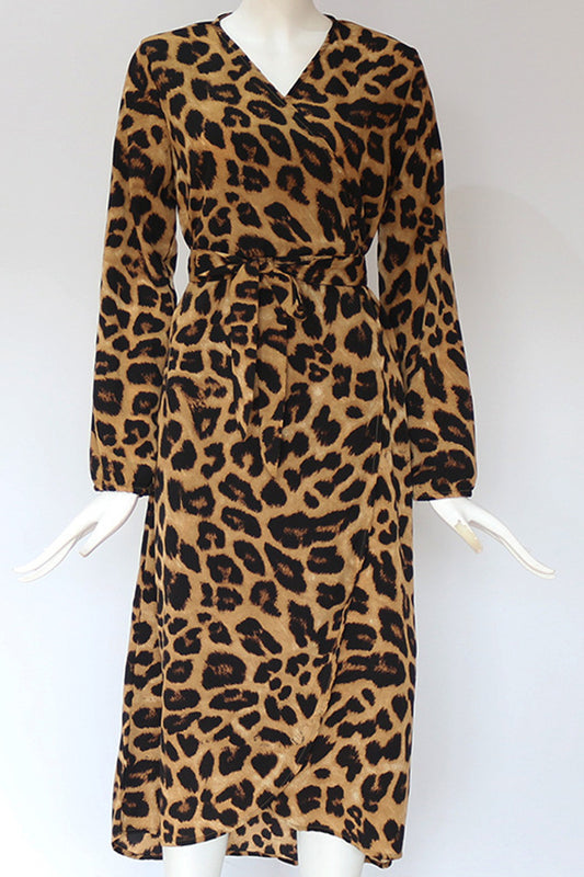 Women Amazing Leopard Printed V-Neck Long Sleeve Slit Hem Mid Length Party Dress - WDC14855