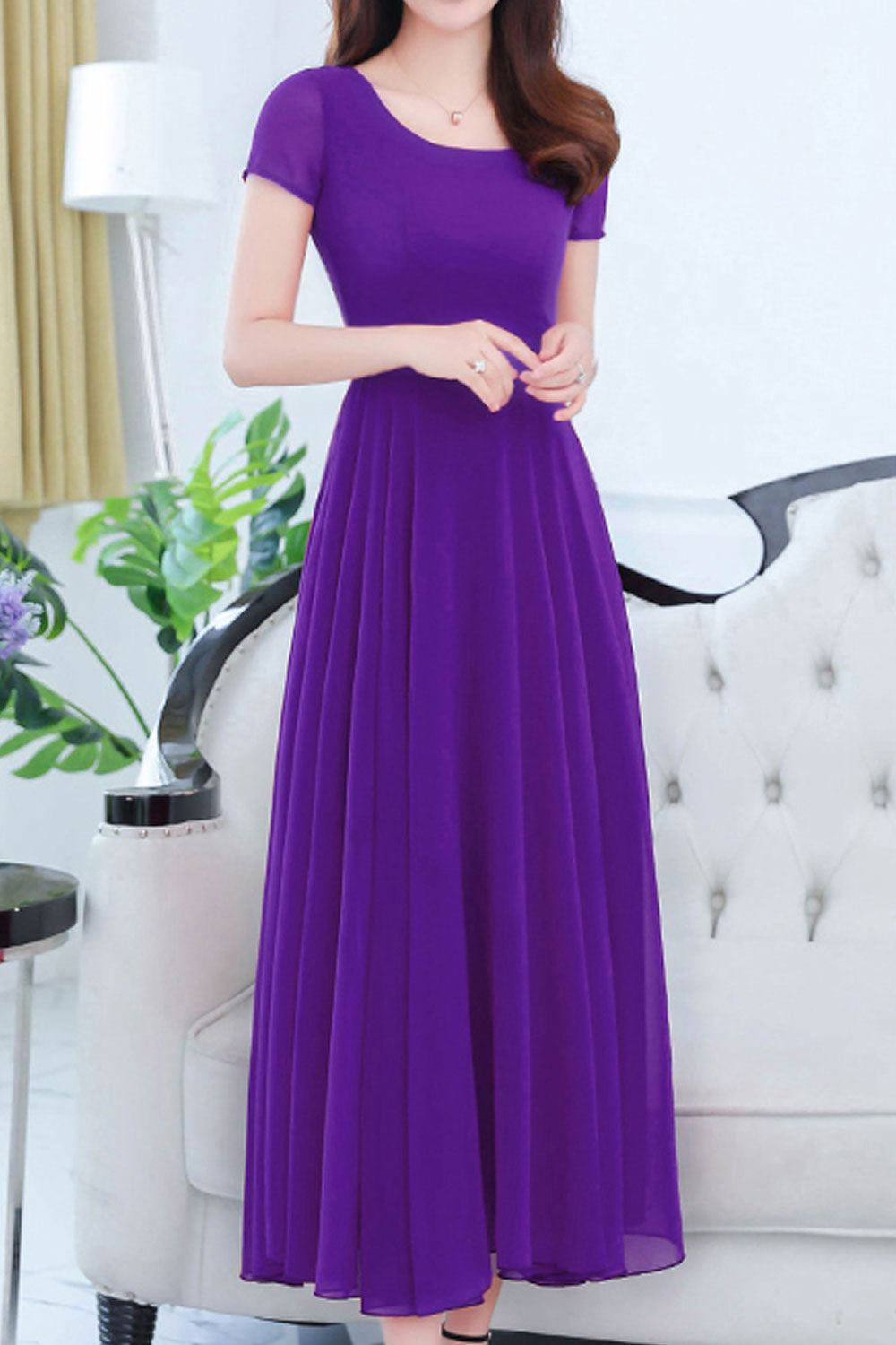 Women Short Sleeve Solid Color Fashion Swing Dress - C1602KMD