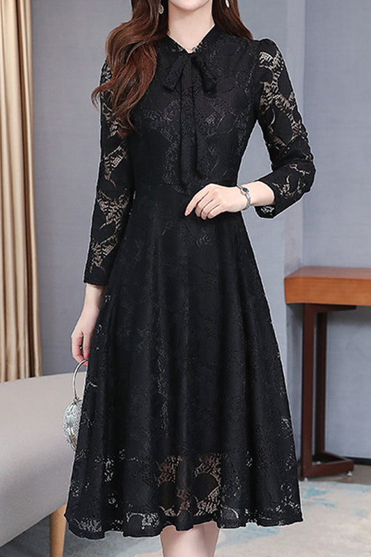 Women Enticing Lace Patterned V-Neck Net Long Sleeves A-line Style Slim Fit Dress - WD117641