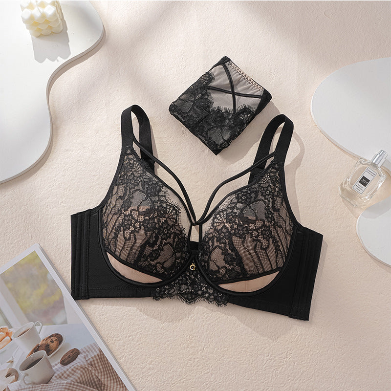 Memory soft steel ring eyelash lace big chest small breathable honeycomb cup bra set sexy underwear women