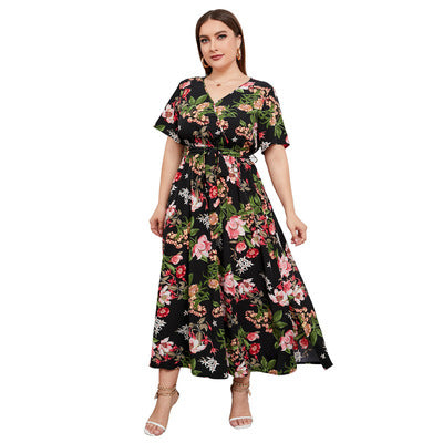 Women Short Sleeve Wonderful Thin V-Neck Floral Pattern Mid Length Awesome Dress - C12720