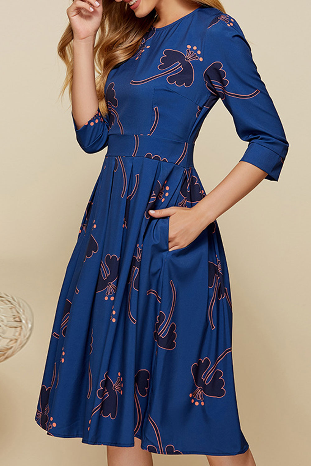 Women Mid Length Floral Printed Half Sleeve Comfy Round Neck Modern Party Dress - C12269