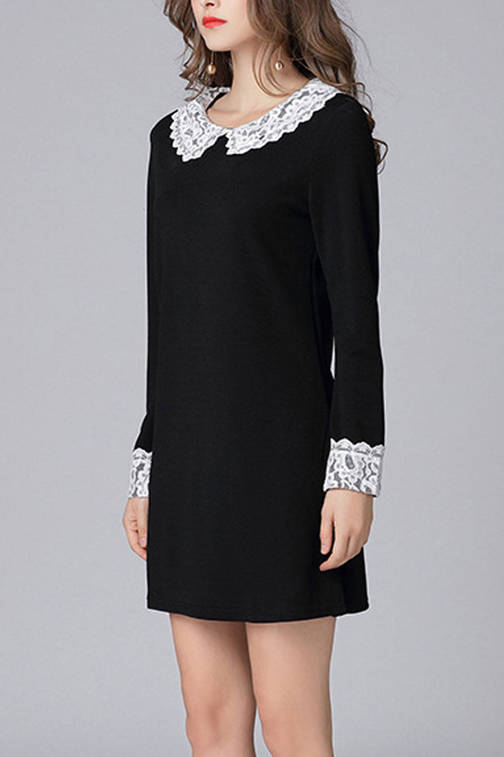 Women Long Sleeves Peter Pan Net Designed Collar Dress - WD117631