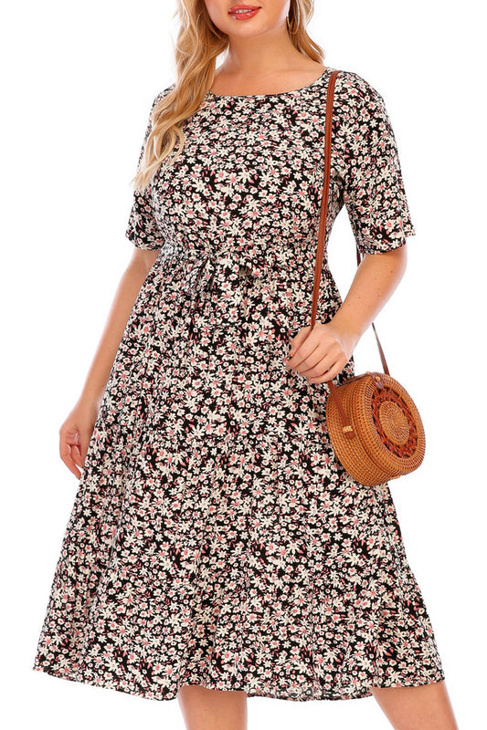 Women Plus Mid Length Elasticated Waist Fashionable Flower Pattern Short Sleeve Summer Casual Dress - WD67361