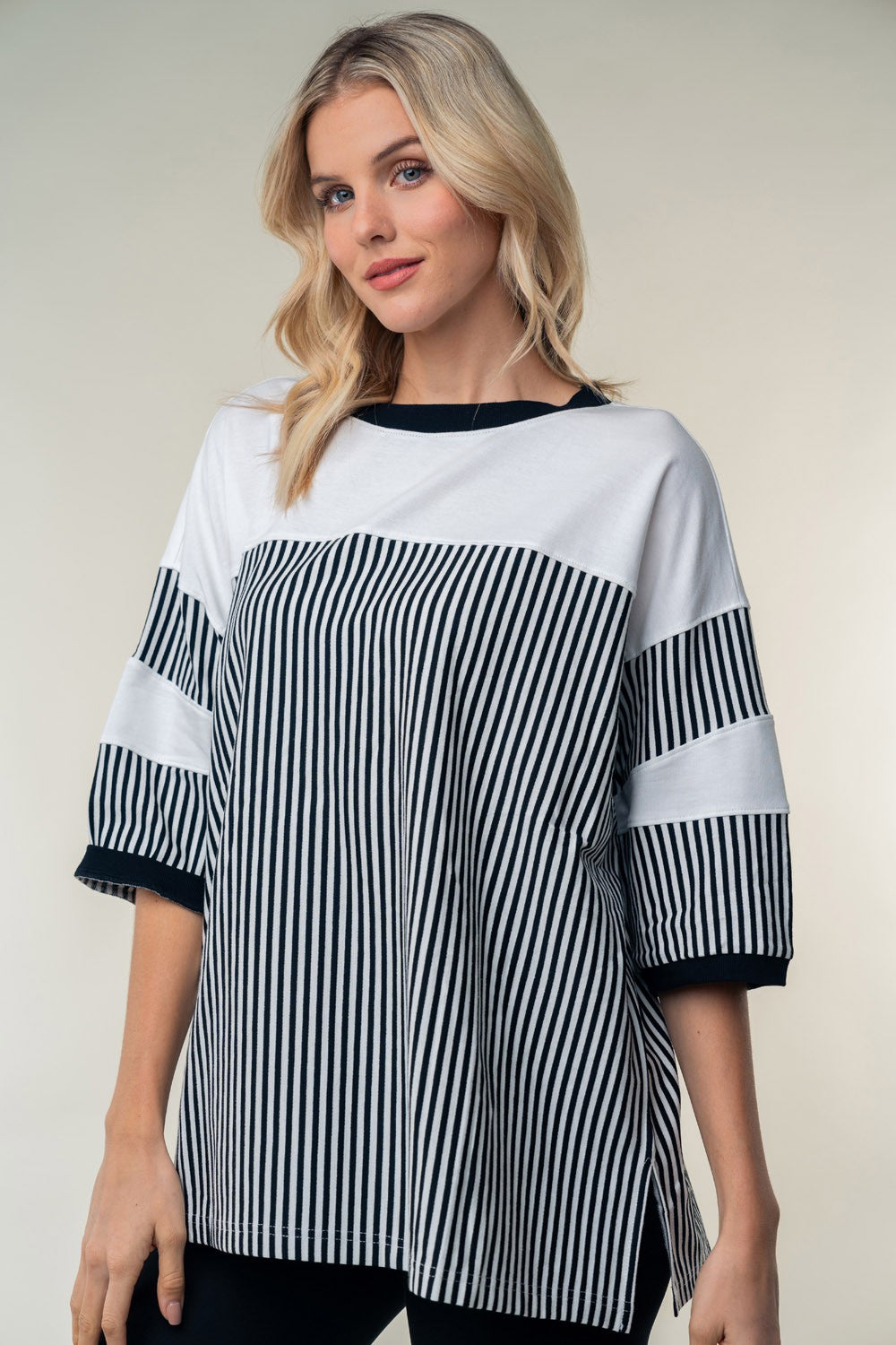 Women's White Birch Full Size Striped Contrast Round Neck Top