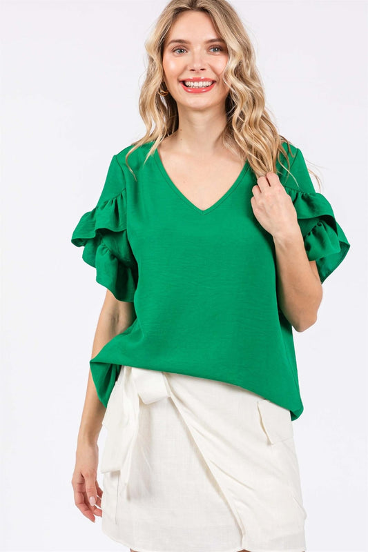 Women's GeeGee Ruffled Short Sleeve V-Neck Blouse