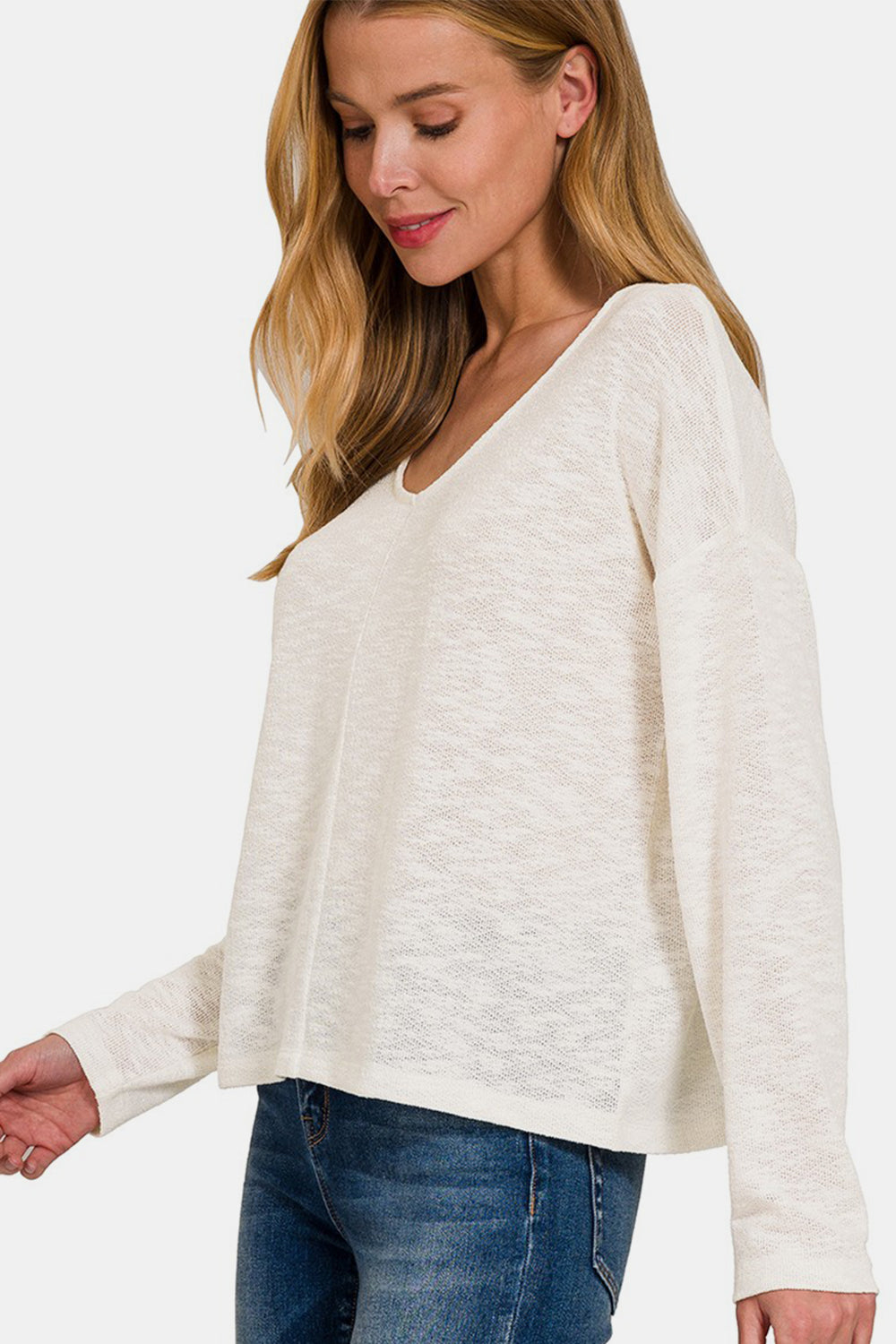 Women's Zenana V-Neck Dropped Shoulder Long Sleeve T-Shirt