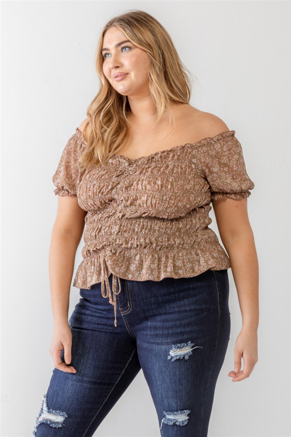 Women's Plus Size Frill Ruched Off-Shoulder Short Sleeve Blouse