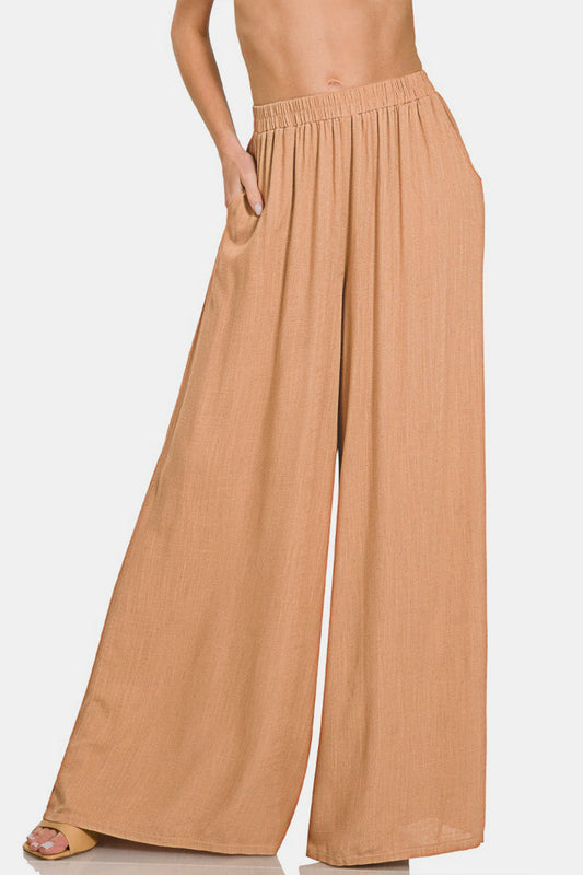 Women's Zenana Pleated Linen Blend Wide Leg Pants