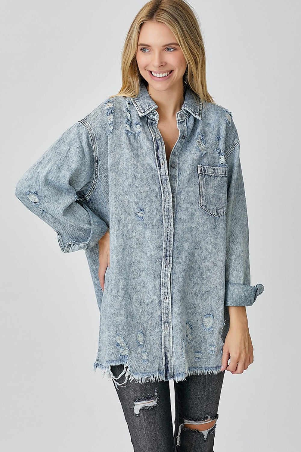 Women's RISEN Distressed Raw Hem Denim Shirt