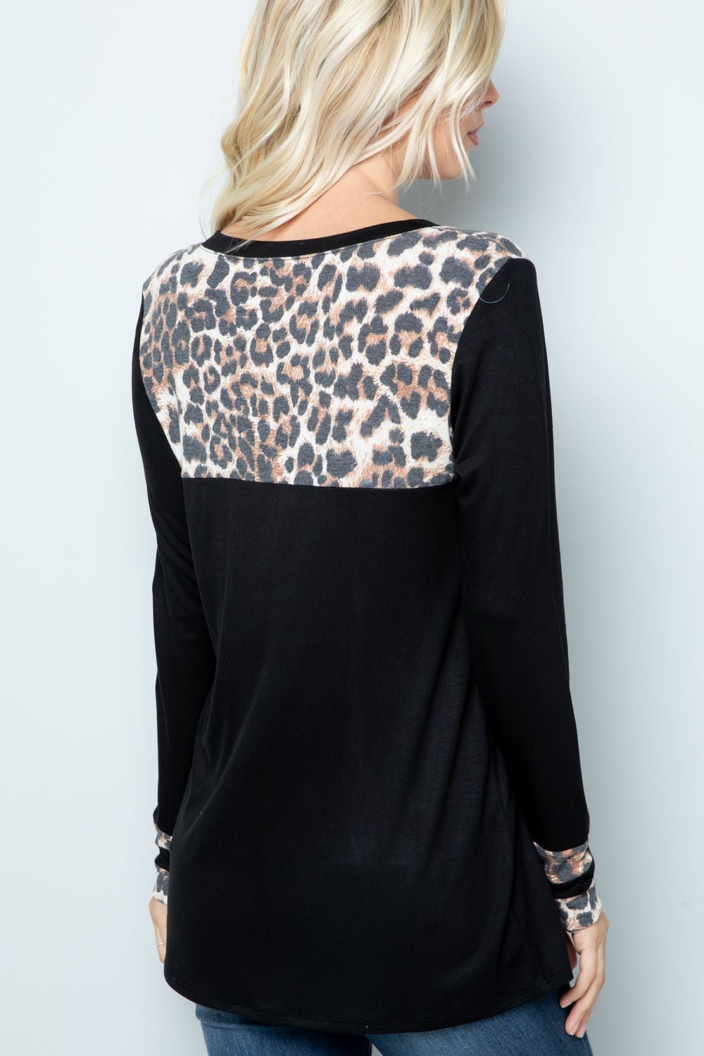 Women's Celeste Full Size Long Sleeve Leopard Spliced T-Shirt