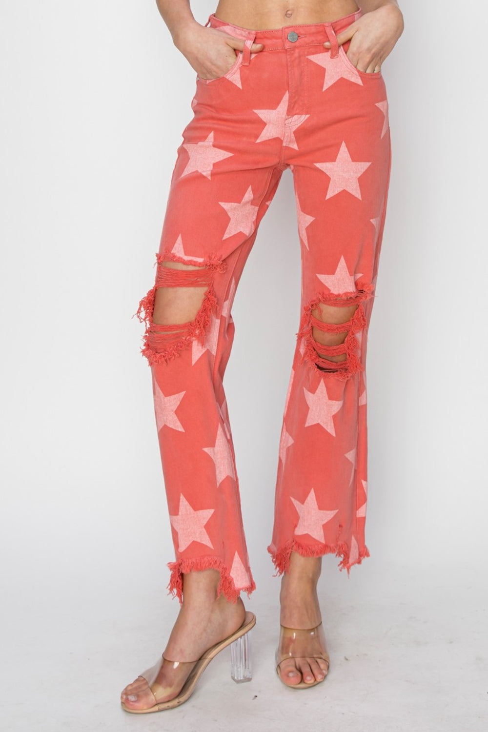 Women's RISEN Full Size Distressed Raw Hem Star Pattern Jeans