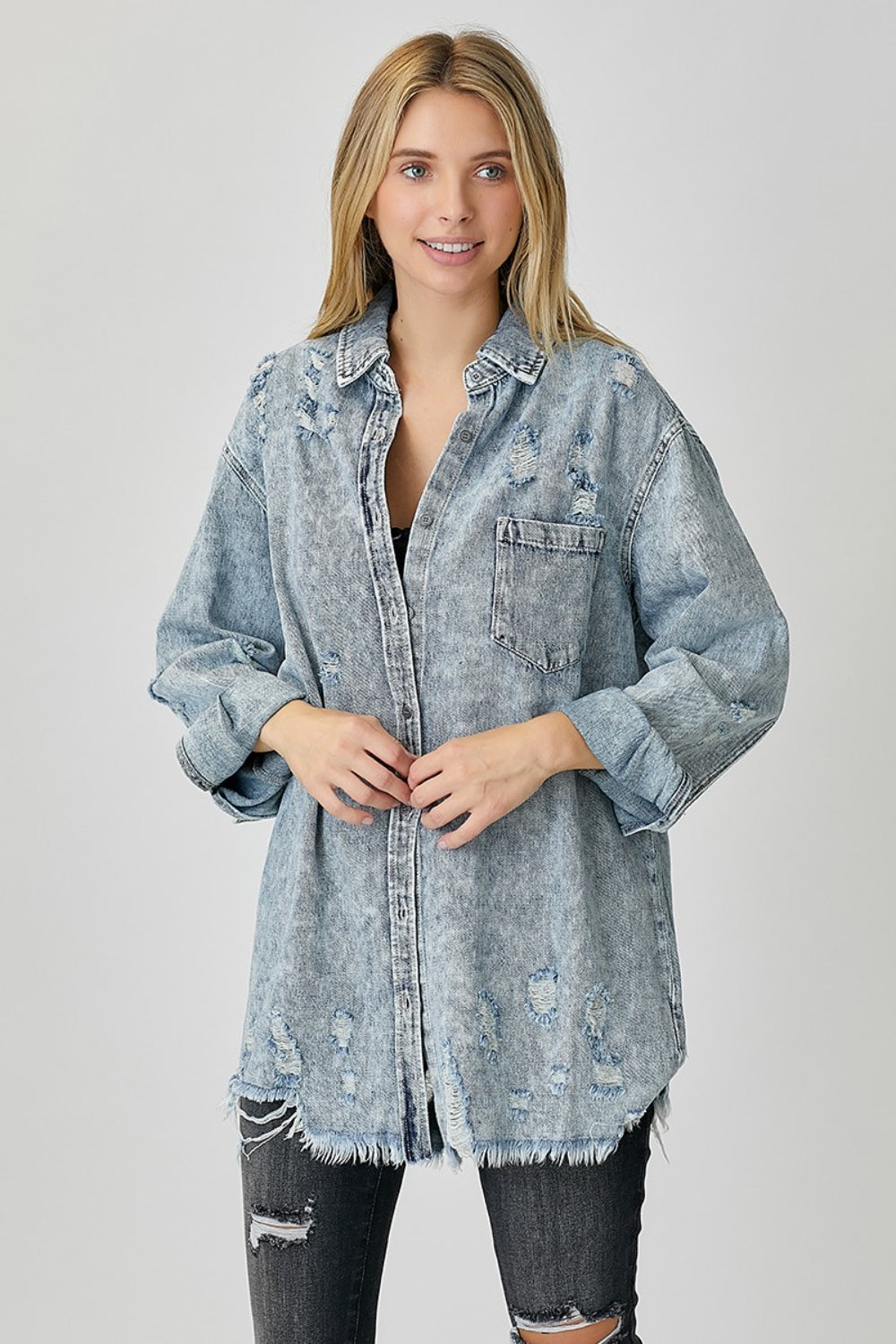 Women's RISEN Distressed Raw Hem Denim Shirt