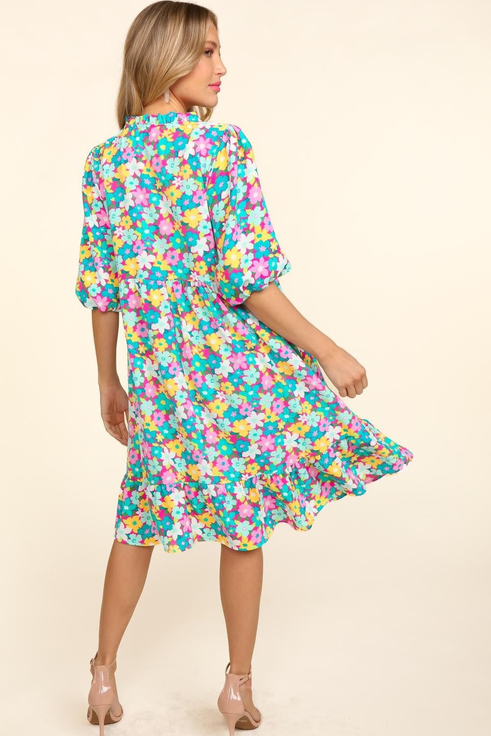 Women's Haptics Bubble Sleeve Floral Ruffled Dress