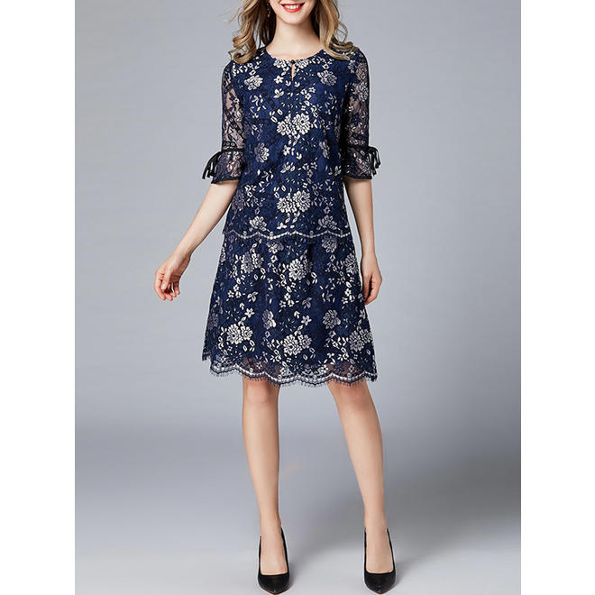 Ketty More  Women Bell Sleeve Keyhole Embroidered Lace Dress-KMWDC5100