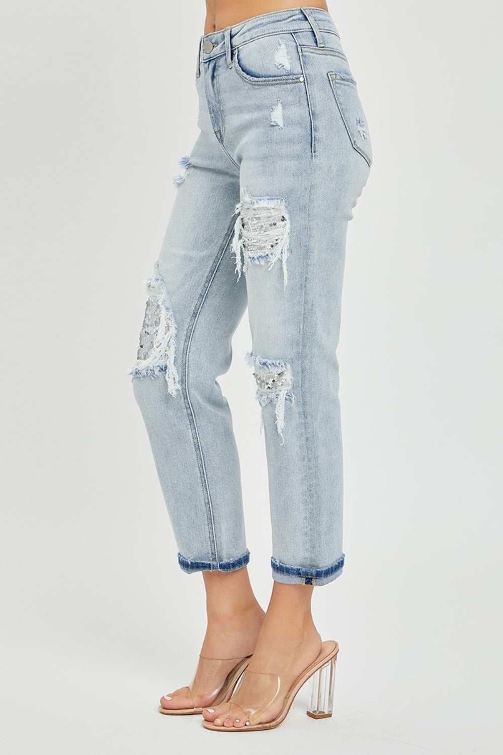 Women's RISEN Mid-Rise Sequin Patched Jeans