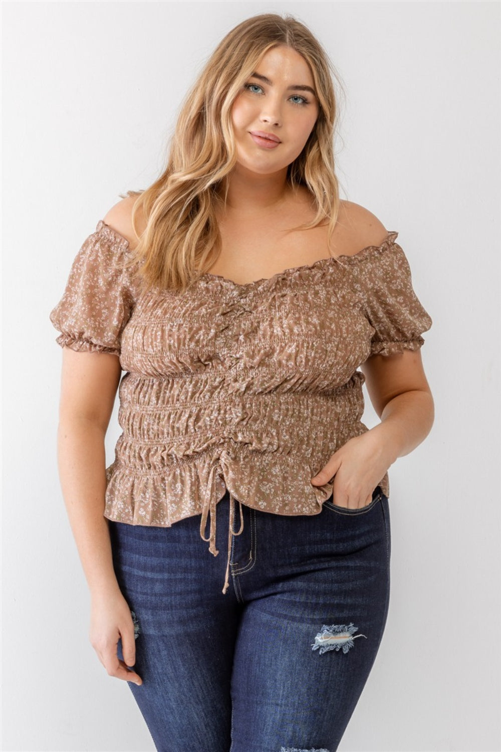 Women's Plus Size Frill Ruched Off-Shoulder Short Sleeve Blouse