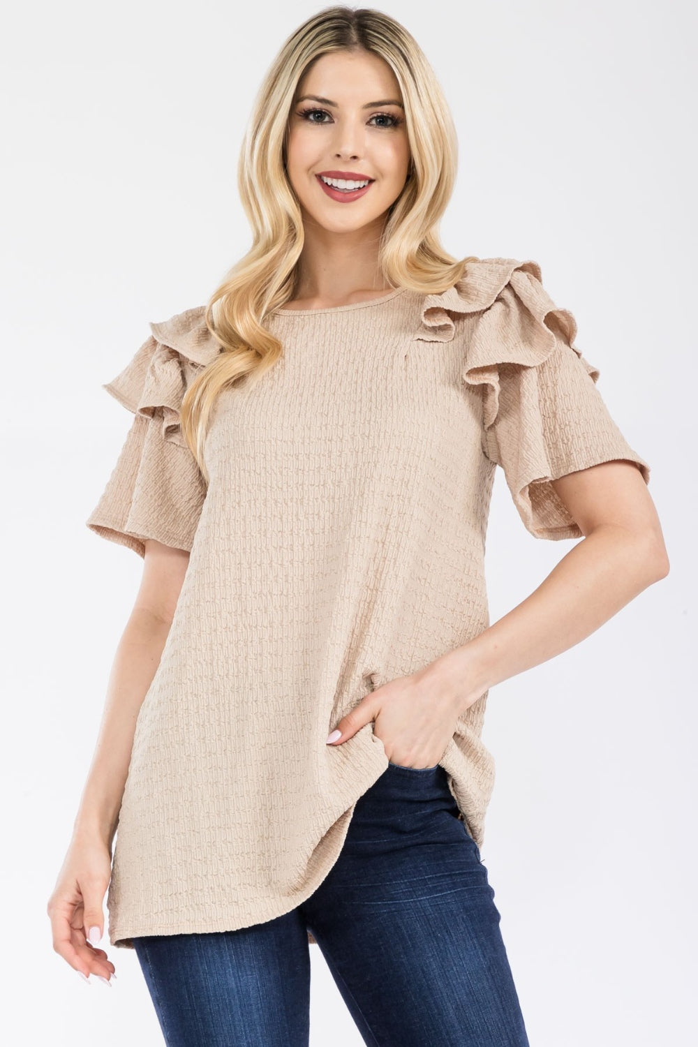 Women's Celeste Full Size Ruffle Layered Short Sleeve Texture Top