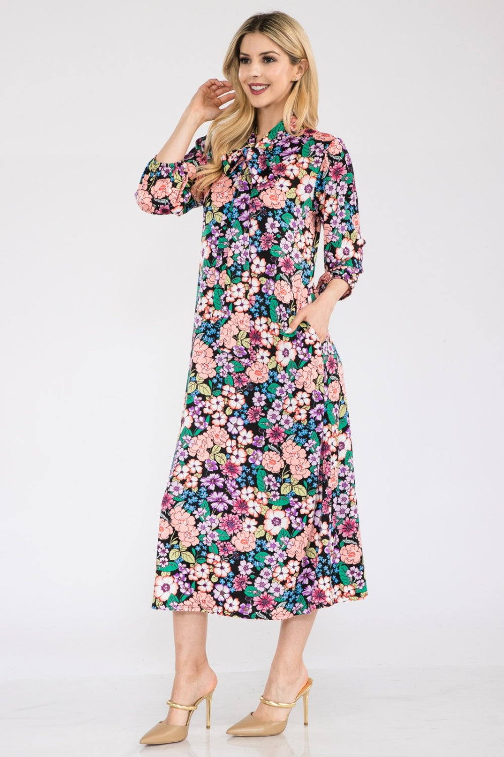 Women's Celeste Full Size Floral Midi Dress with Bow Tied