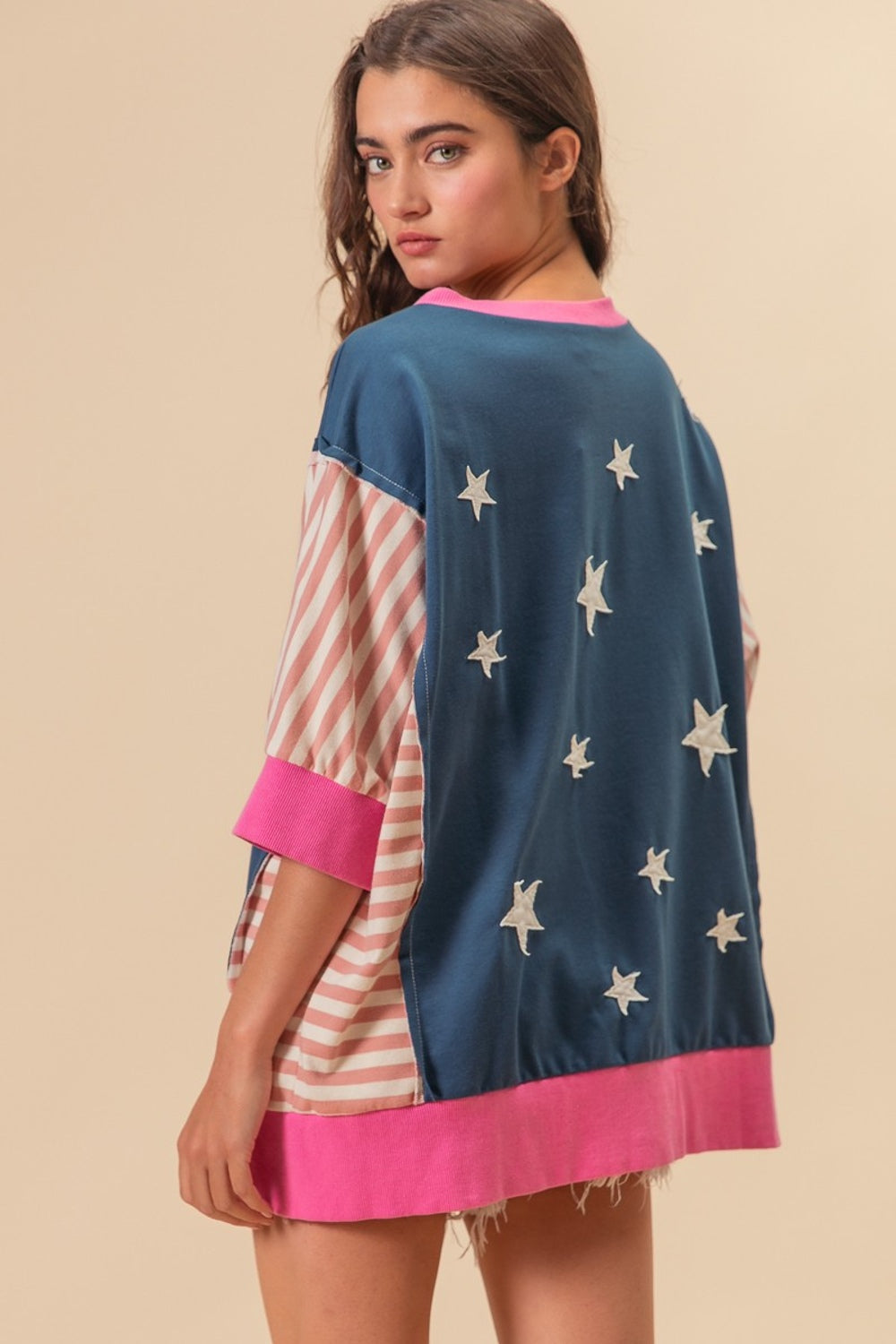 Women's BiBi US Flag Theme Color Block Star Patch T-Shirt