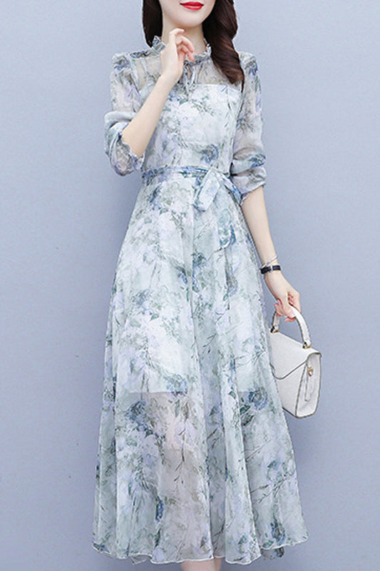 Women Chiffon Elbow Sleeve Printed Pattern Awesome Mid Length Thin Material Elegant Dress - WD66362