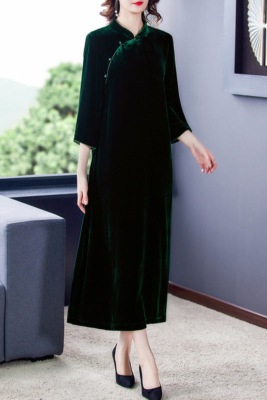 Ketty More Women Tremendous Solid Color Stand Up Collar Long Length Valvet Dress-KMWDC14682