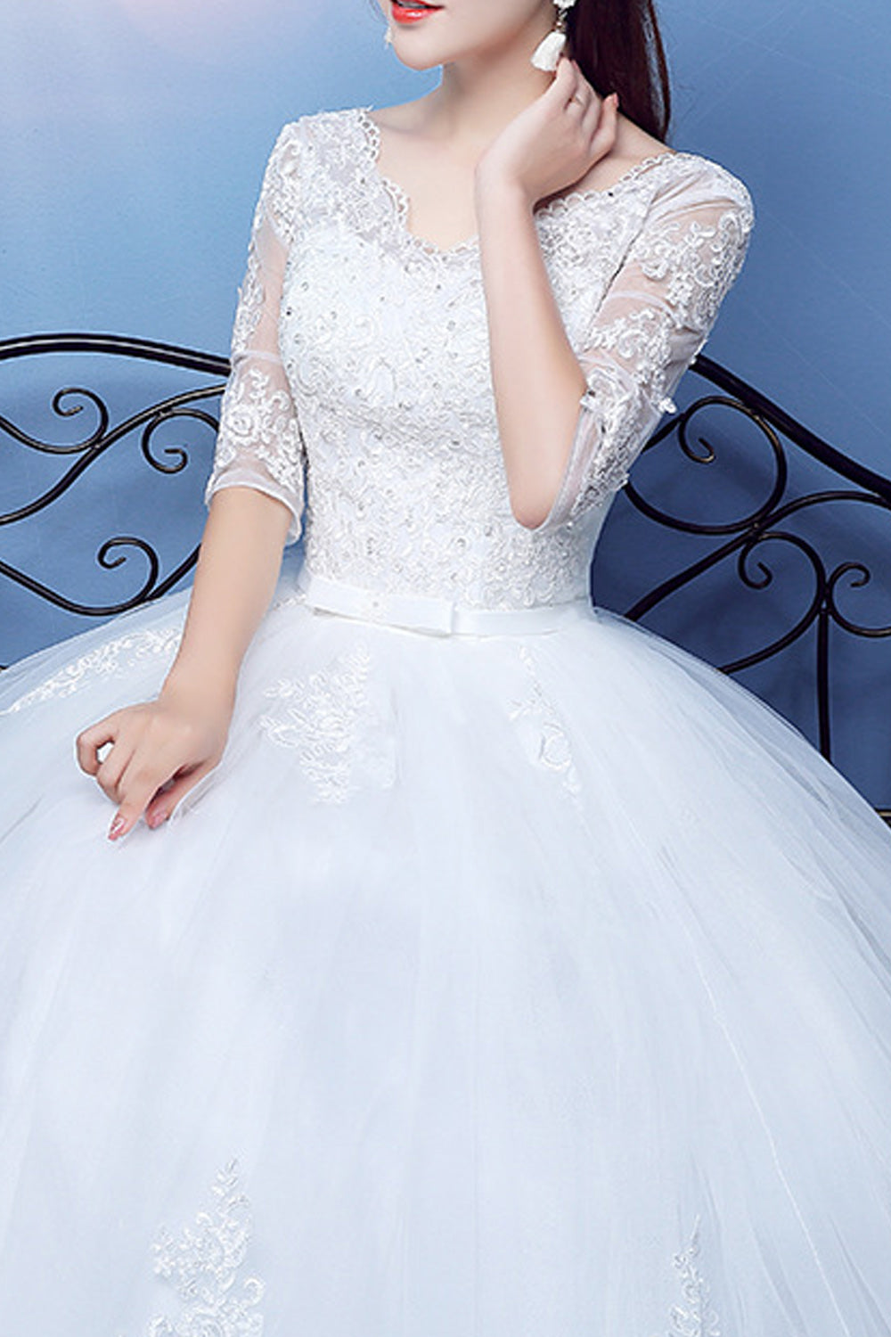 Women V-Neck 3/4 Sleeve Ball Gown Lace Dress - C971KMD