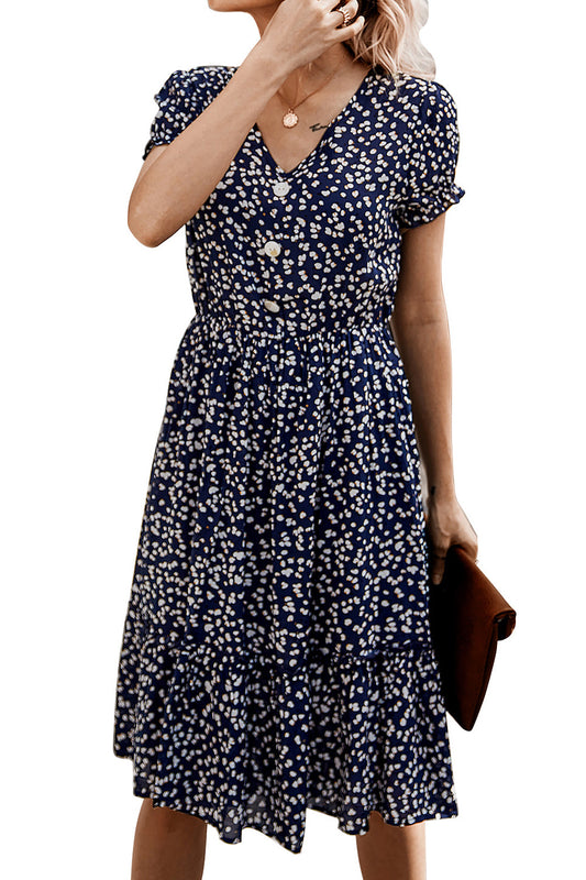 Women Short Sleeve Tremendous V-Neck Mid Length Printed Style Summer Dress - WD74479