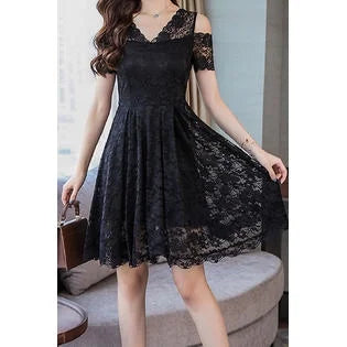 Women Temperament Lace Strapless Short Sleeve V-neck Dress - C073