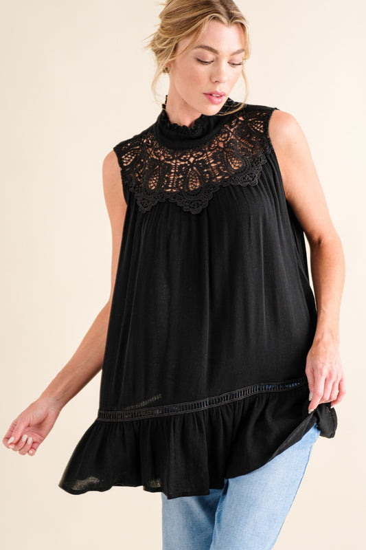 Women's And The Why Lace Detail Sleeveless Ruffled Top