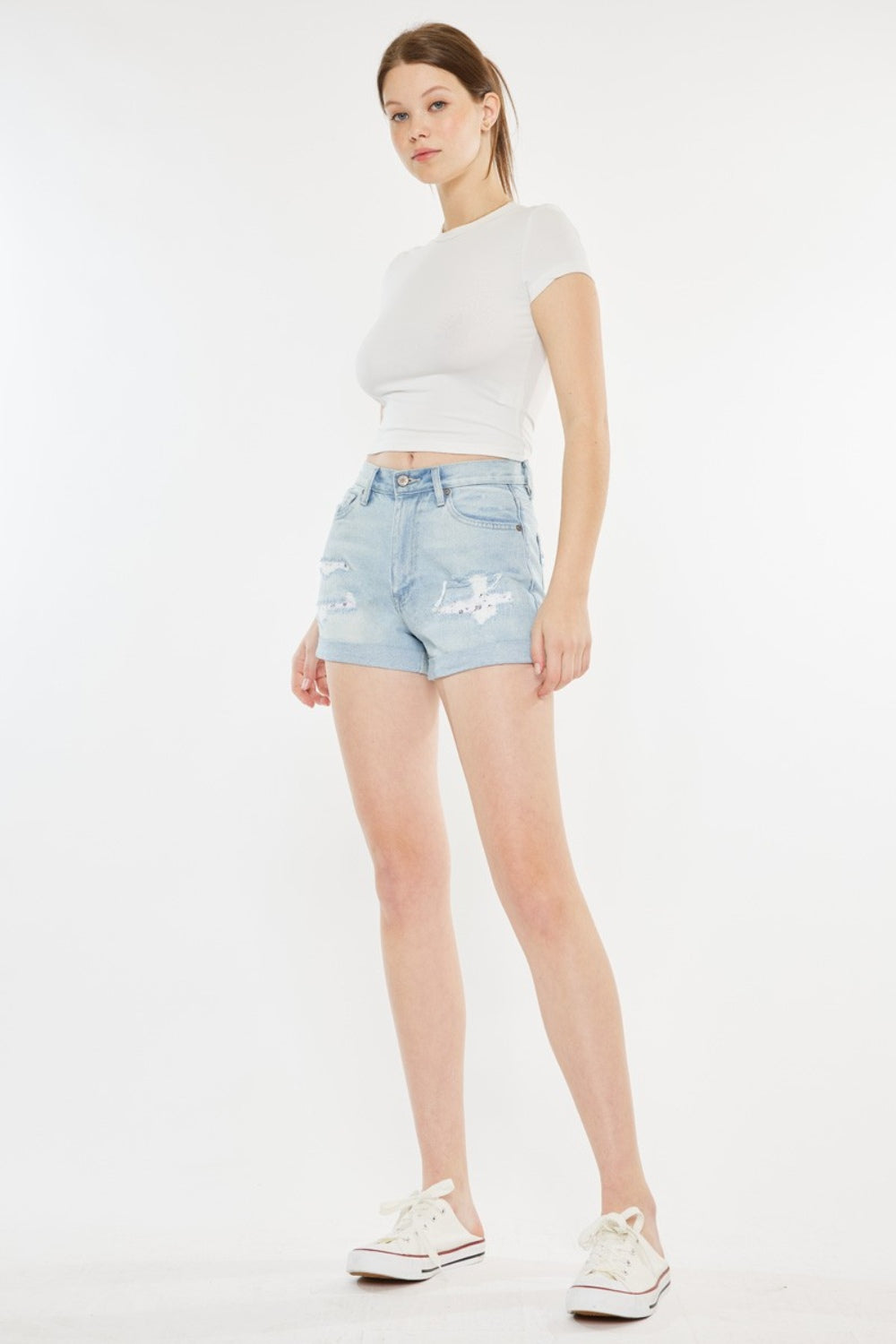 Women's Kancan High Rise Repaired Mom Denim Shorts