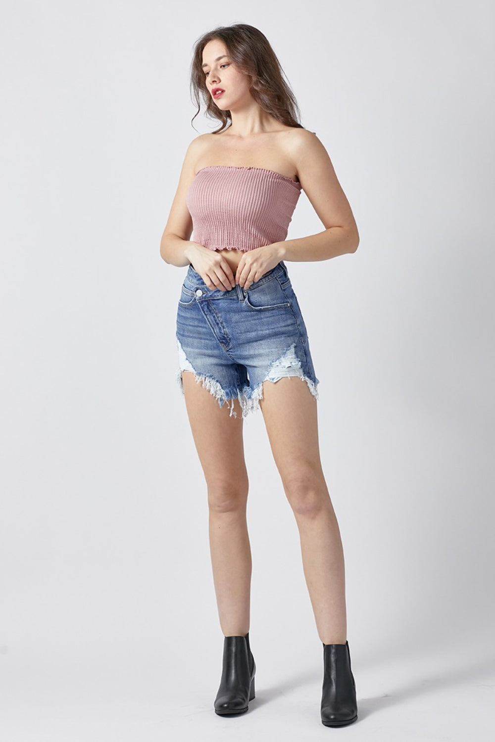 Women's RISEN Raw Hem Asymmetrical Waist Denim Shorts